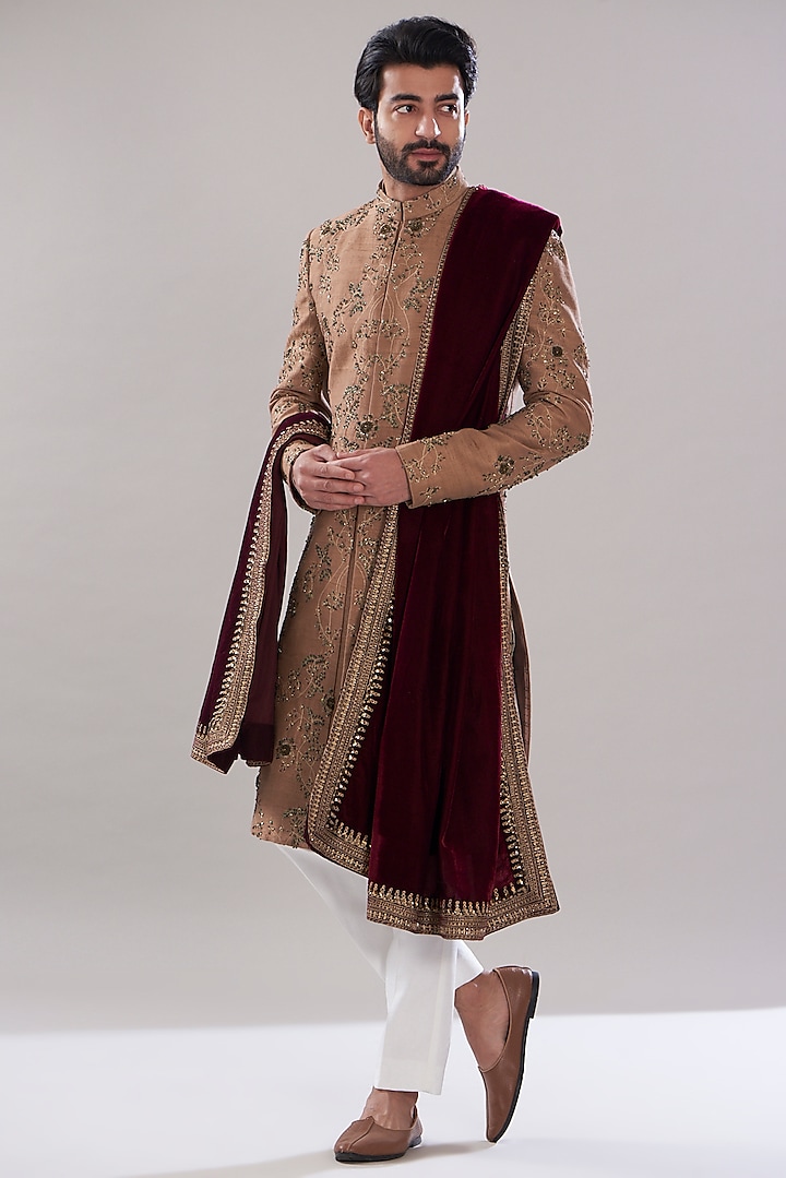 Brown Raw Silk Hand Embroidered Sherwani Set by Aditya Sachdeva Men