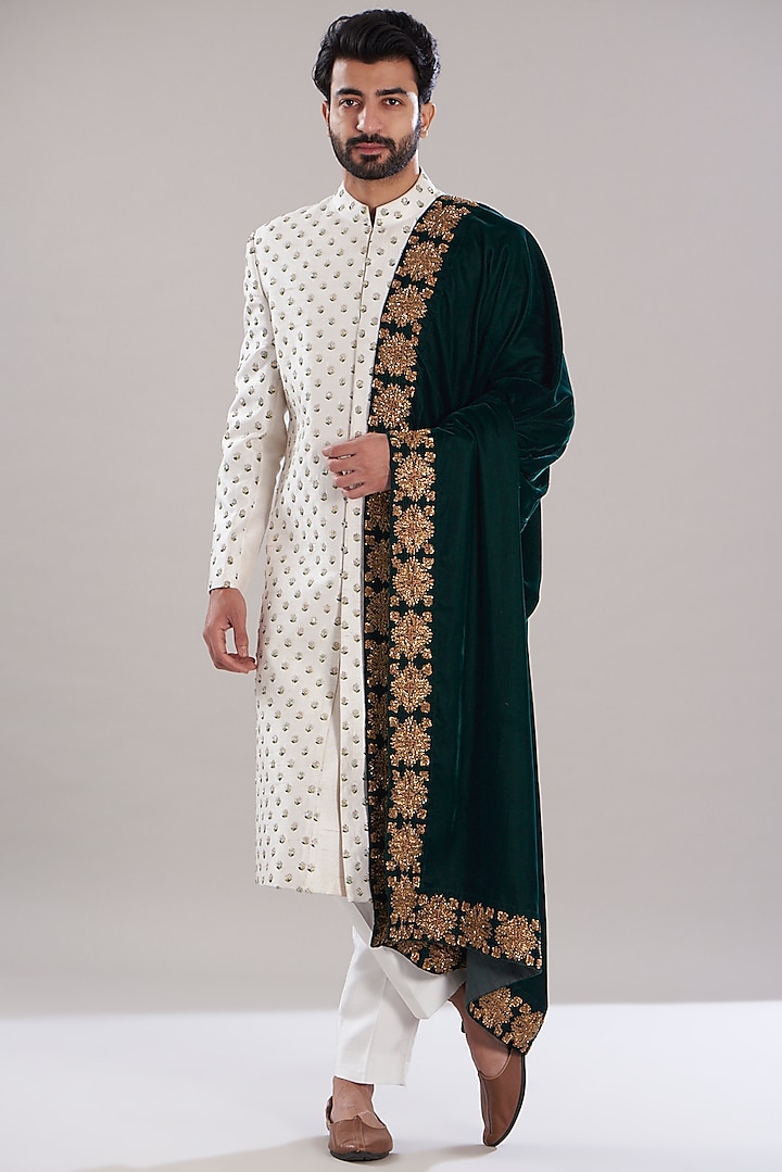 Ivory Raw Silk Hand Embroidered Sherwani Set by Aditya Sachdeva Men