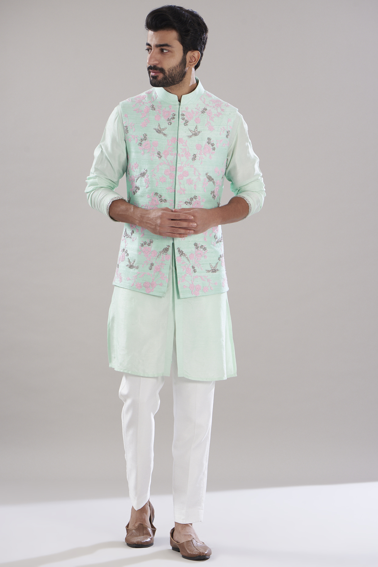 Mint Green Raw Silk Thread Embroidered Bundi Jacket Set by Aditya Sachdeva Men