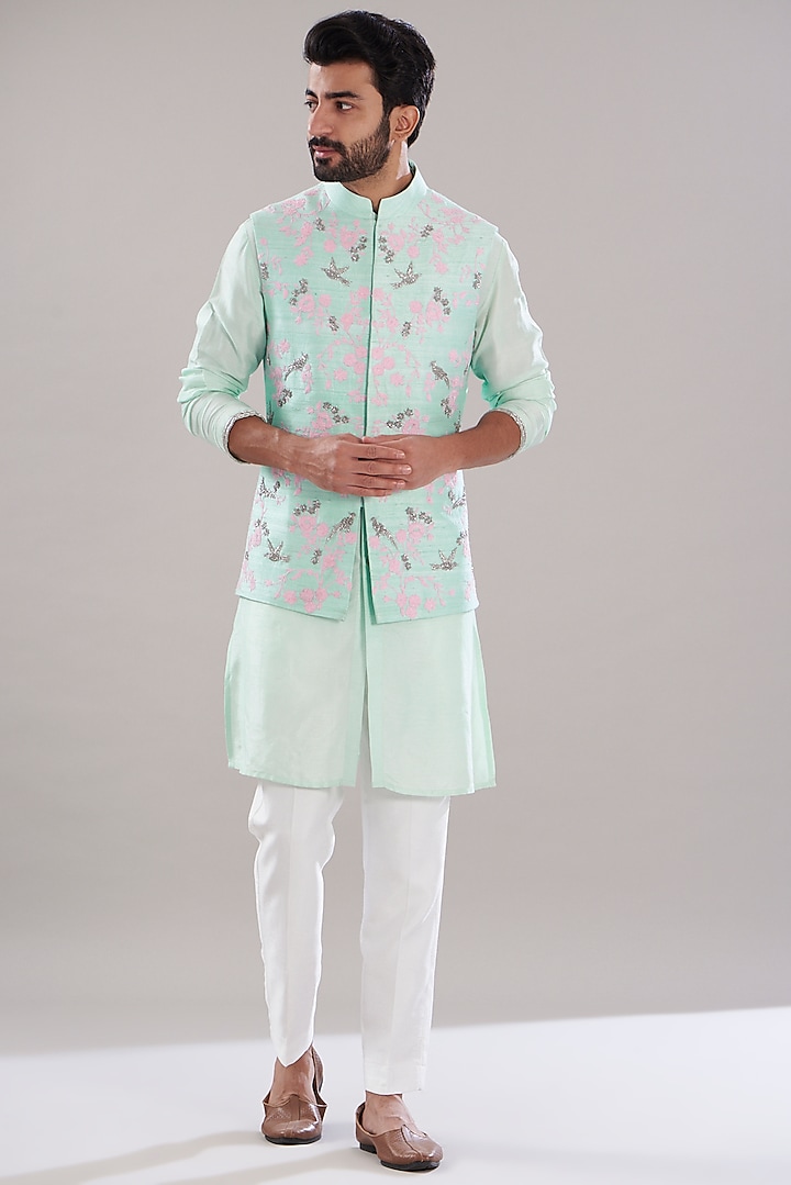 Mint Green Raw Silk Thread Embroidered Bundi Jacket Set by Aditya Sachdeva Men
