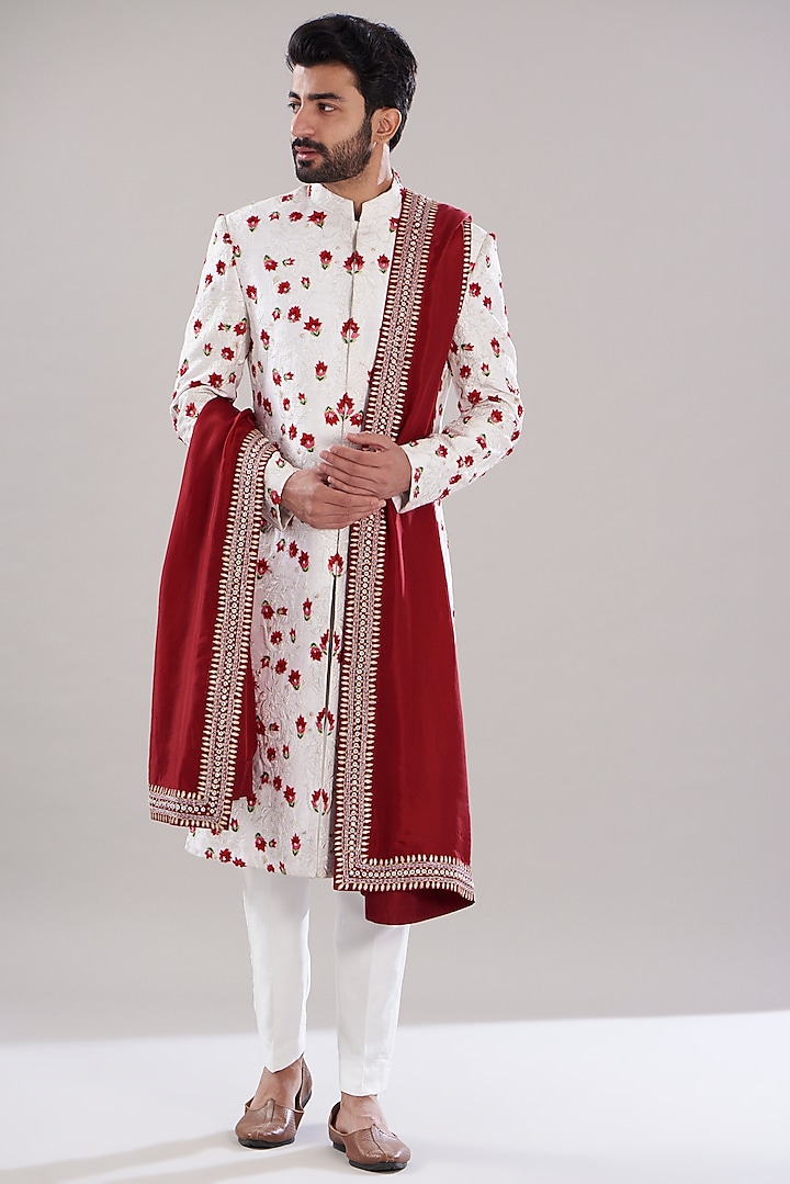 Ivory Raw Silk Thread Hand Embroidered Groom Sherwani Set by Aditya Sachdeva Men at Pernia's Pop Up Shop