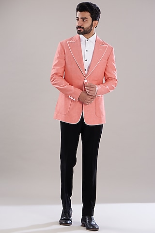 Peach Linen Blazer Set by Aditya Sachdeva Men