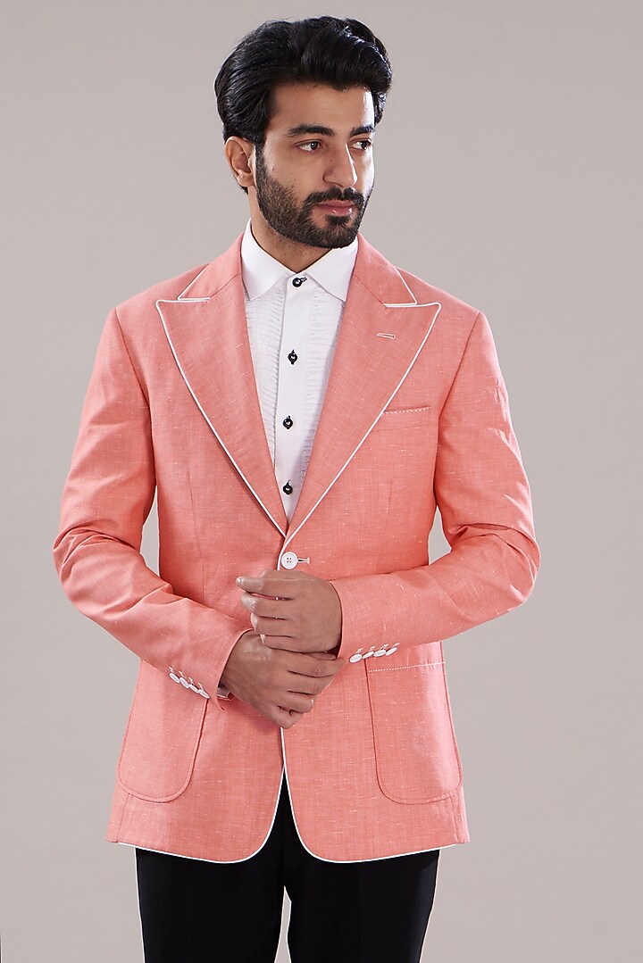 Peach Linen Blazer Set by Aditya Sachdeva Men at Pernia's Pop Up Shop
