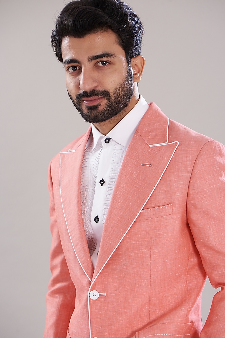 Peach Linen Blazer Set by Aditya Sachdeva Men at Pernia's Pop Up Shop