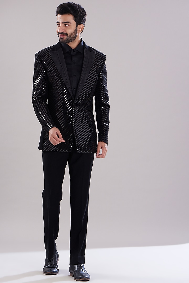 Black Italian Crepe Embroidered Tuxedo Set by Aditya Sachdeva Men at Pernia's Pop Up Shop