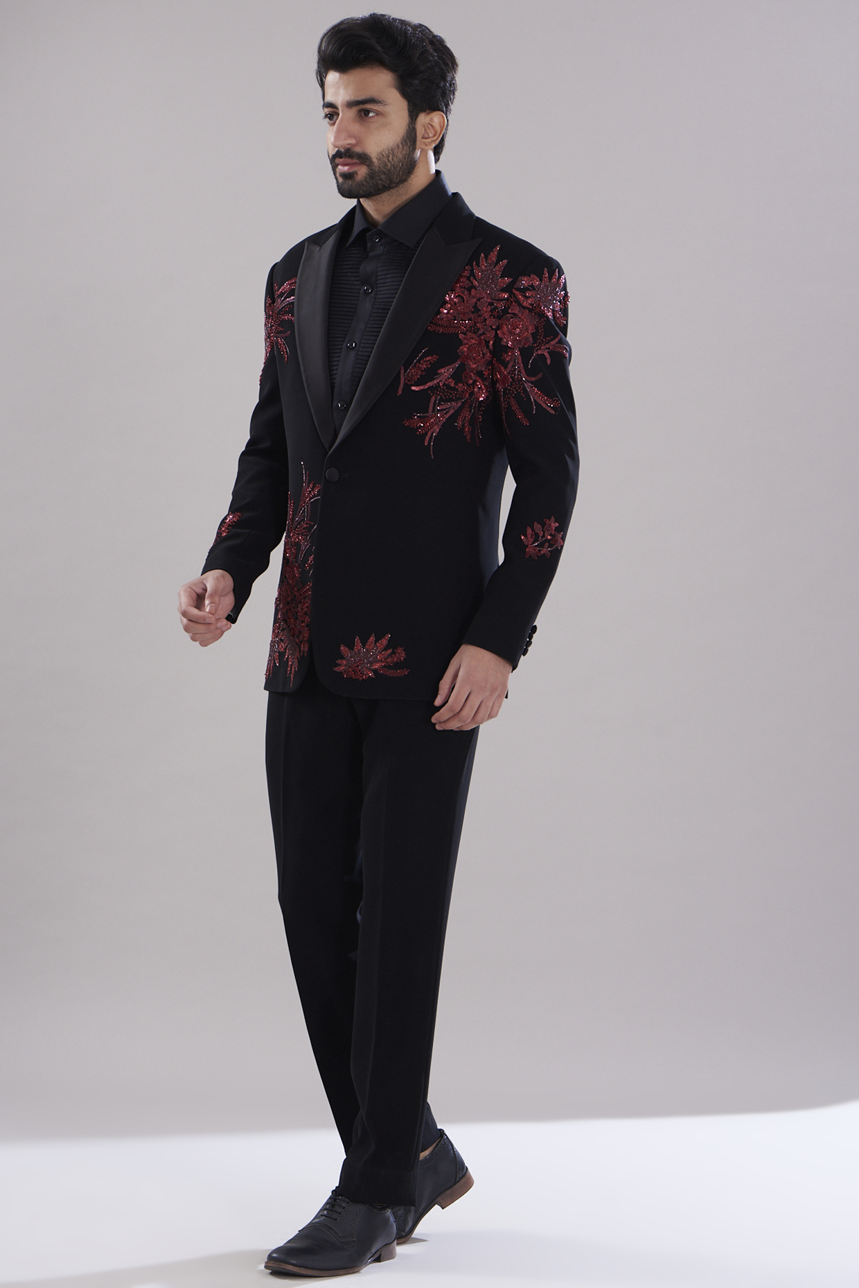 Black Italian Crepe Hand Embroidered Tuxedo Set by Aditya Sachdeva Men at Pernia's Pop Up Shop