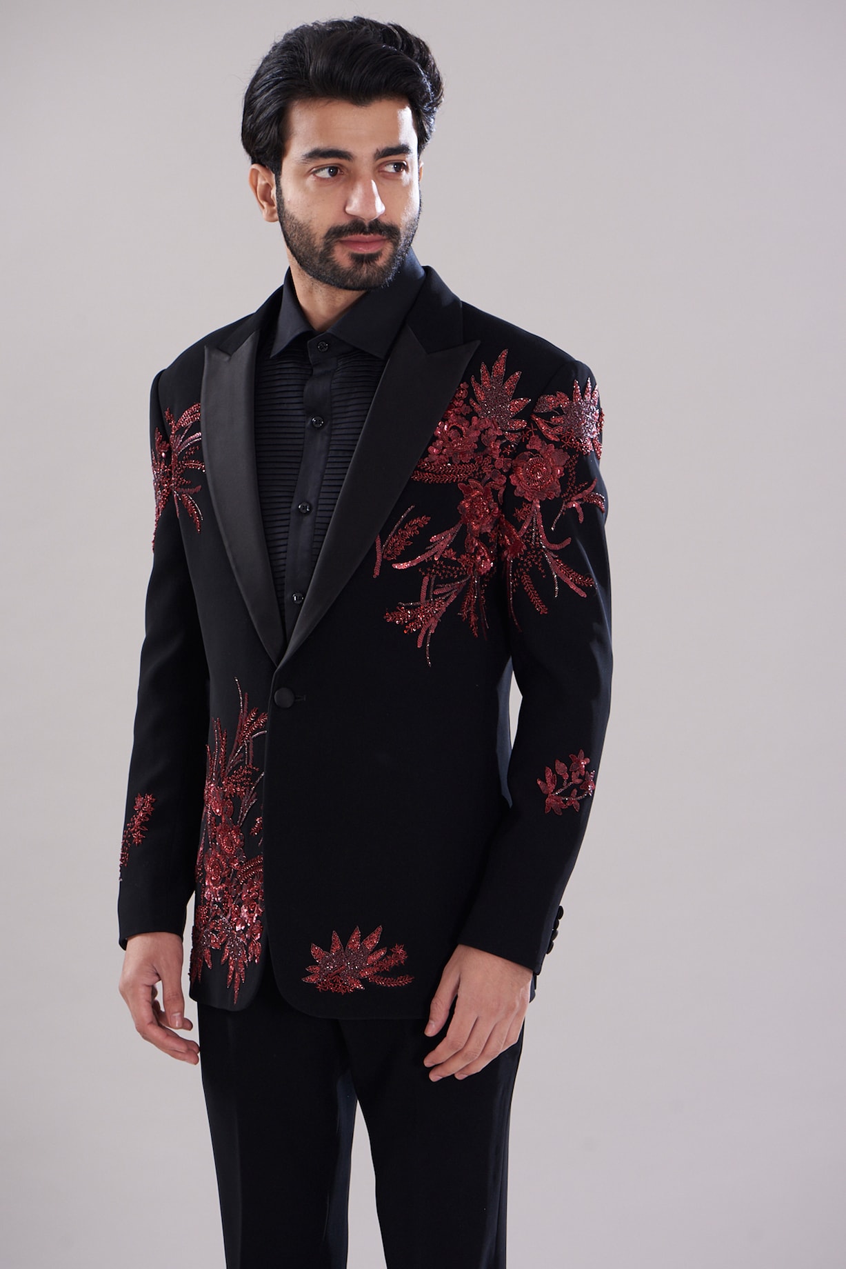 Buy Aditya Sachdeva Men Black Italian Crepe Hand Embroidered Tuxedo Set ...