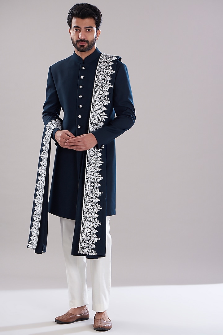 Navy Blue Italian Terry Rayon Dori Embroidered Sherwani Set by Aditya Sachdeva Men