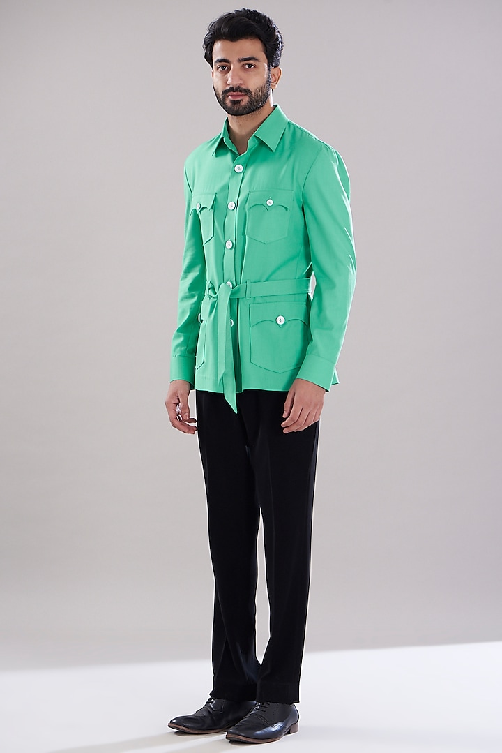 Green Italian Crepe Jacket Set by Aditya Sachdeva Men