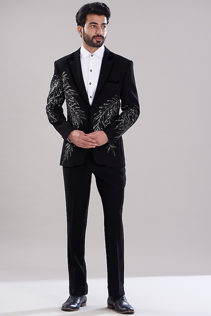 Black Italian Crepe Hand Embroidered Tuxedo Set by Aditya Sachdeva Men