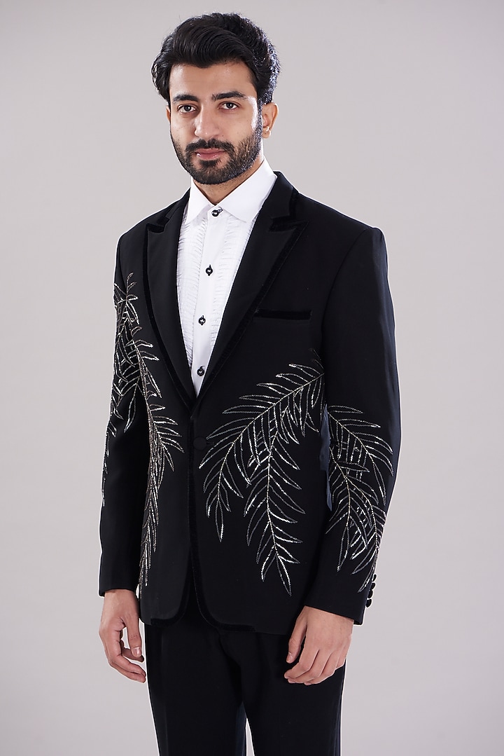 Black Italian Crepe Hand Embroidered Tuxedo Set by Aditya Sachdeva Men at Pernia's Pop Up Shop