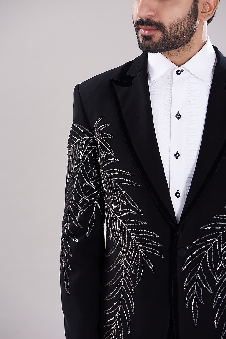 Black Italian Crepe Hand Embroidered Tuxedo Set by Aditya Sachdeva Men at Pernia's Pop Up Shop
