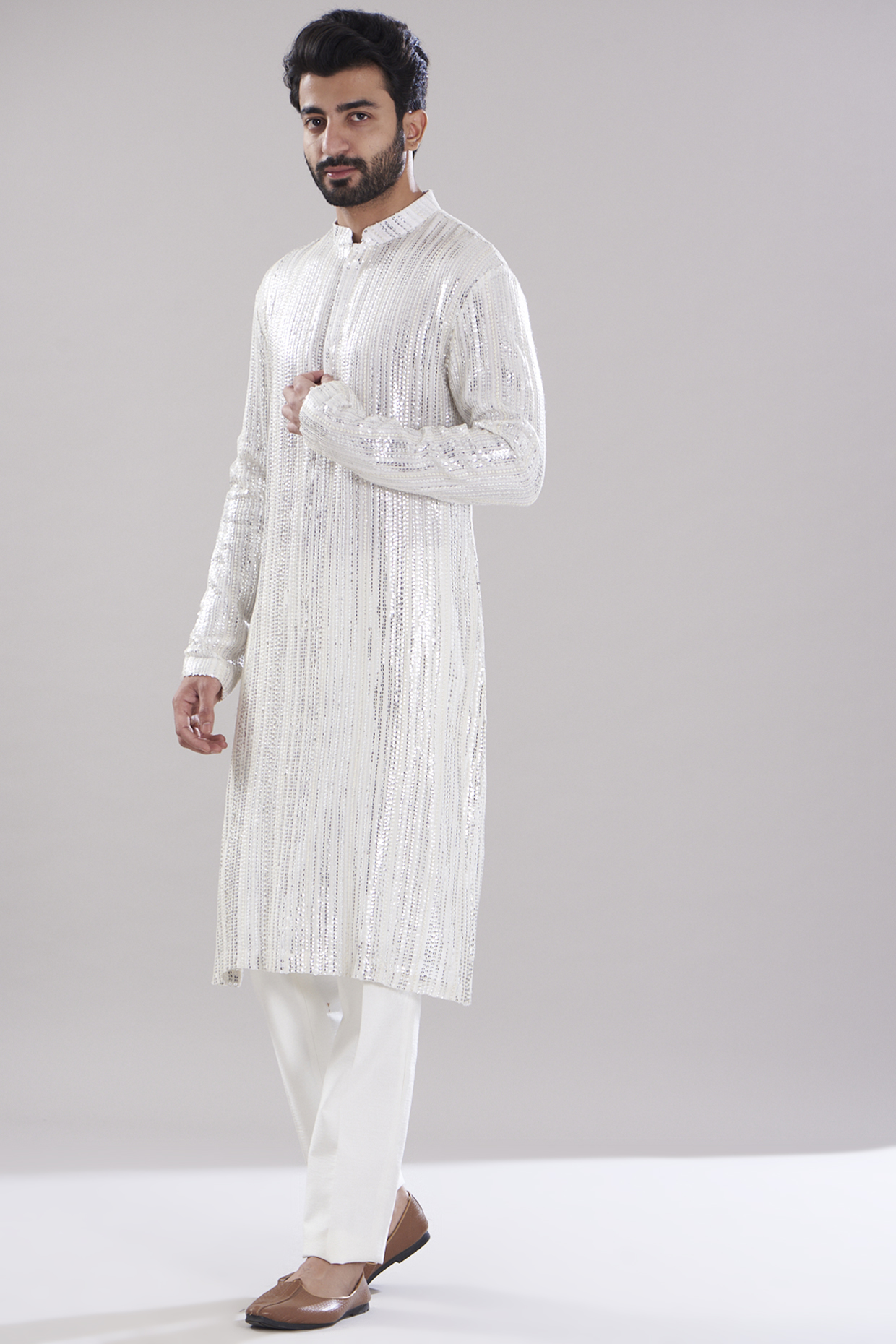 Ivory Lurex Sequins Embroidered Kurta Set by Aditya Sachdeva Men at Pernia's Pop Up Shop
