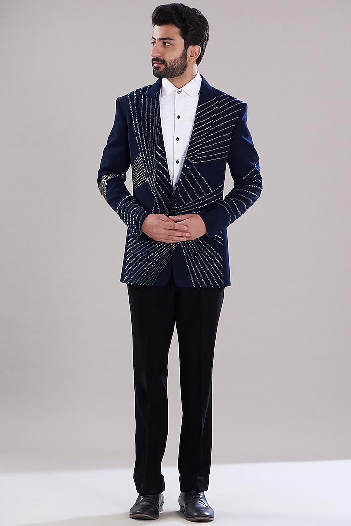 Navy Blue Italian Crepe Hand Embroidered Tuxedo Set by Aditya Sachdeva Men