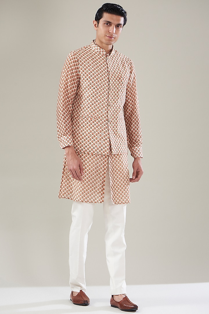 Beige Silk Digital Printed Nehru Jacket Set by Aditya Sachdeva Men