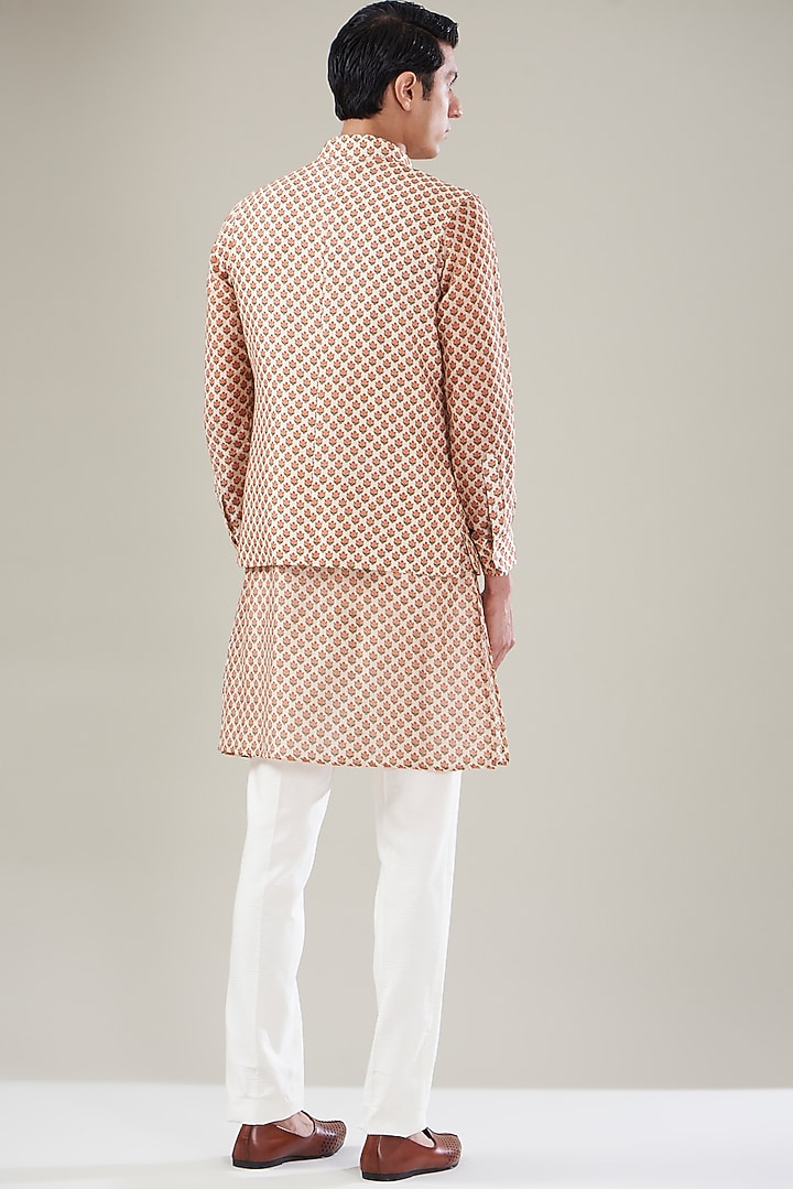 Beige Silk Digital Printed Nehru Jacket Set by Aditya Sachdeva Men at Pernia's Pop Up Shop
