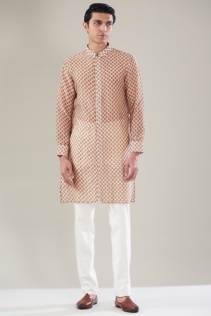 Beige Silk Digital Printed Nehru Jacket Set by Aditya Sachdeva Men at Pernia's Pop Up Shop