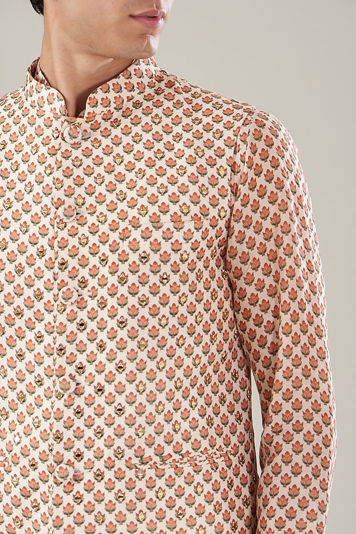 Beige Silk Digital Printed Nehru Jacket Set by Aditya Sachdeva Men at Pernia's Pop Up Shop