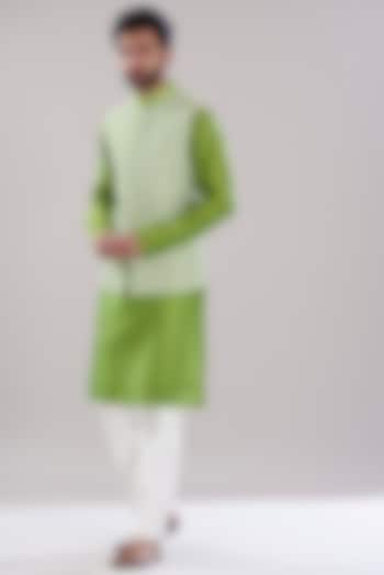 Pista Green Raw Silk Embroidered Nehru Jacket Set by Aditya Sachdeva Men