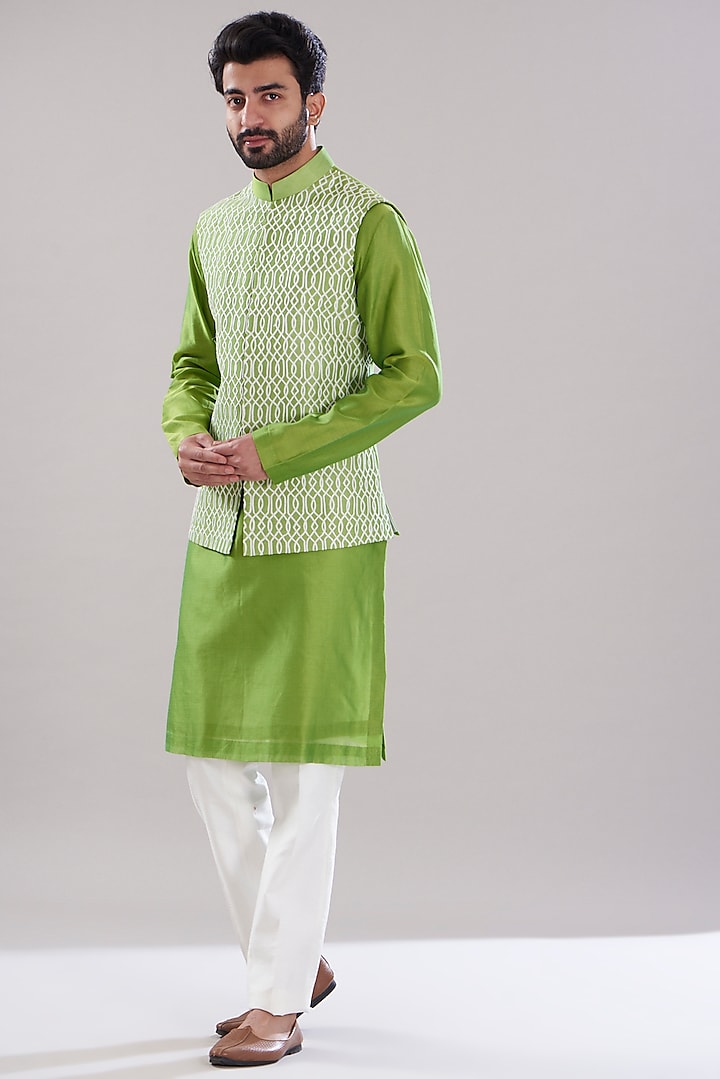 Pista Green Raw Silk Embroidered Nehru Jacket Set by Aditya Sachdeva Men