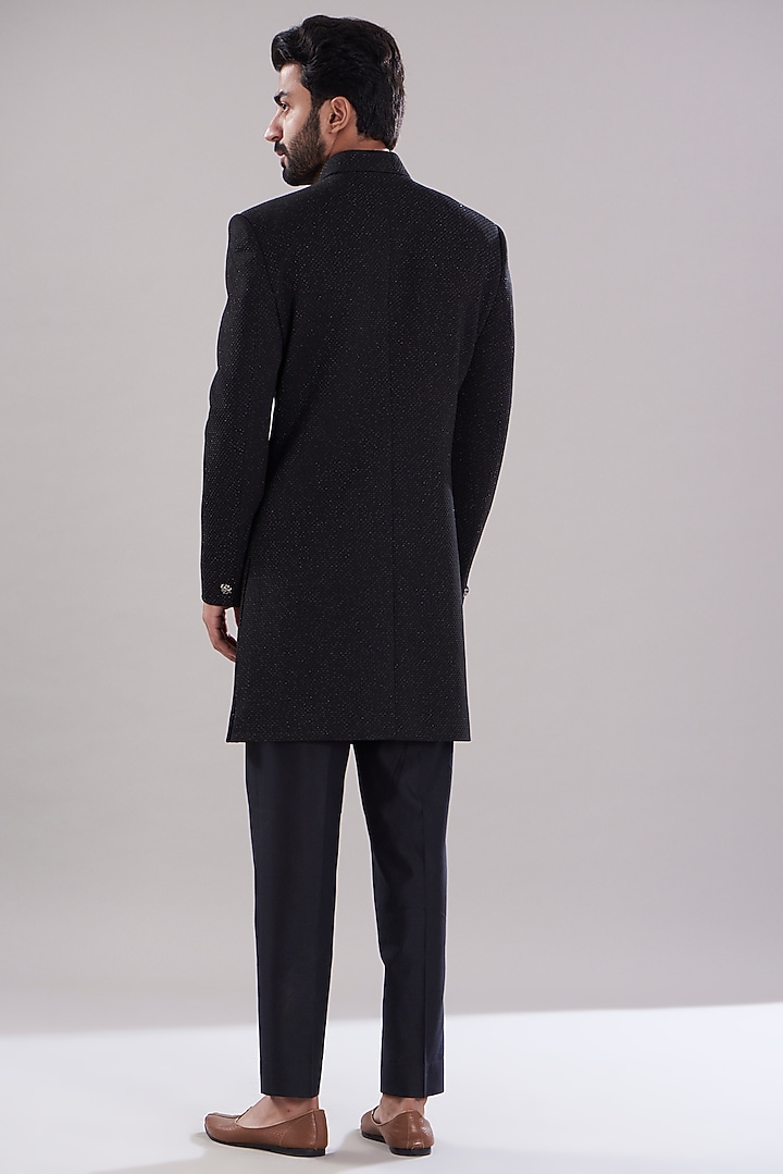 Black Italian Crepe Hand Embroidered Wedding Sherwani Set by Aditya Sachdeva Men at Pernia's Pop Up Shop