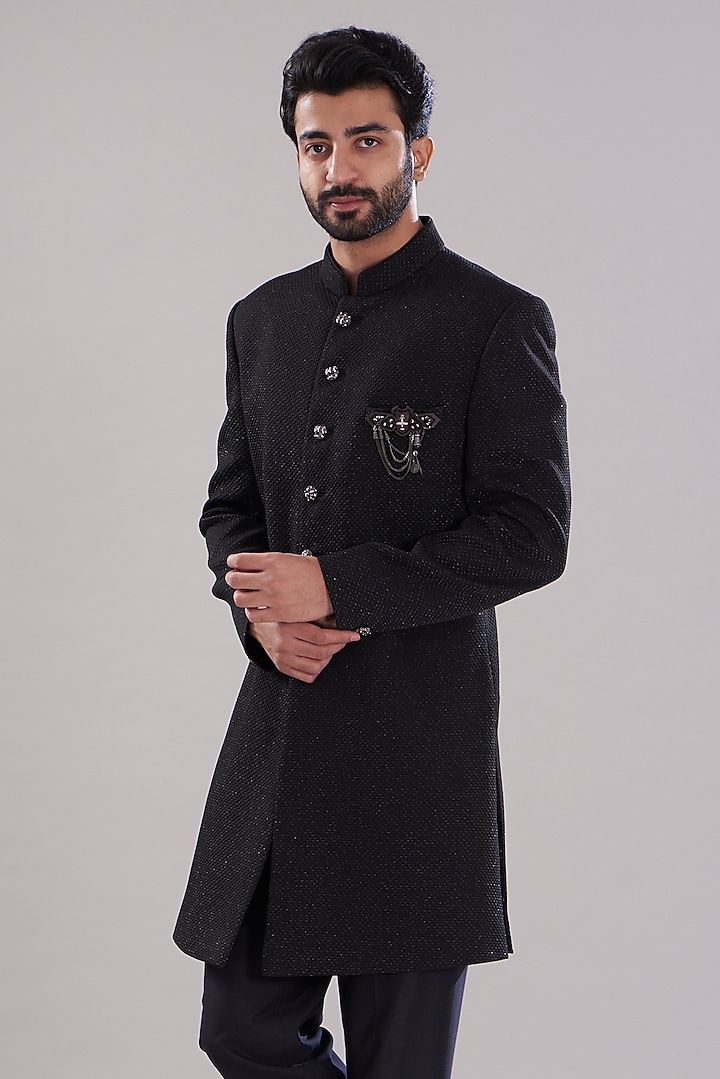 Black Italian Crepe Hand Embroidered Wedding Sherwani Set by Aditya Sachdeva Men at Pernia's Pop Up Shop