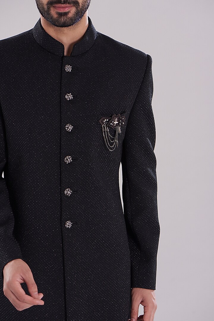 Black Italian Crepe Hand Embroidered Wedding Sherwani Set by Aditya Sachdeva Men at Pernia's Pop Up Shop
