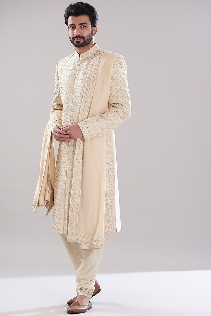 Beige Raw Silk Hand Embroidered Sherwani Set by Aditya Sachdeva Men