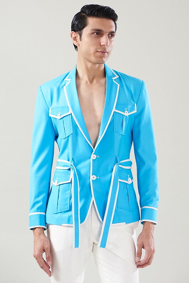 Blue Italian Terry Rayon Bomber Jacket Set by Aditya Sachdeva Men at Pernia's Pop Up Shop