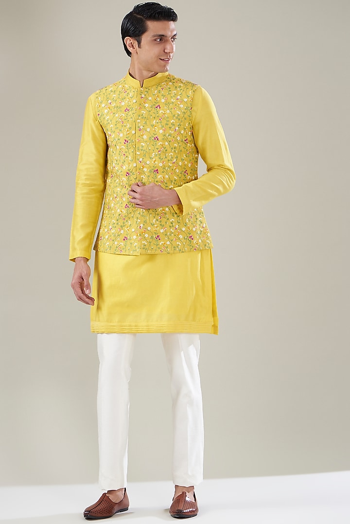 Yellow Raw Silk Embroidered Nehru Jacket Set by Aditya Sachdeva Men
