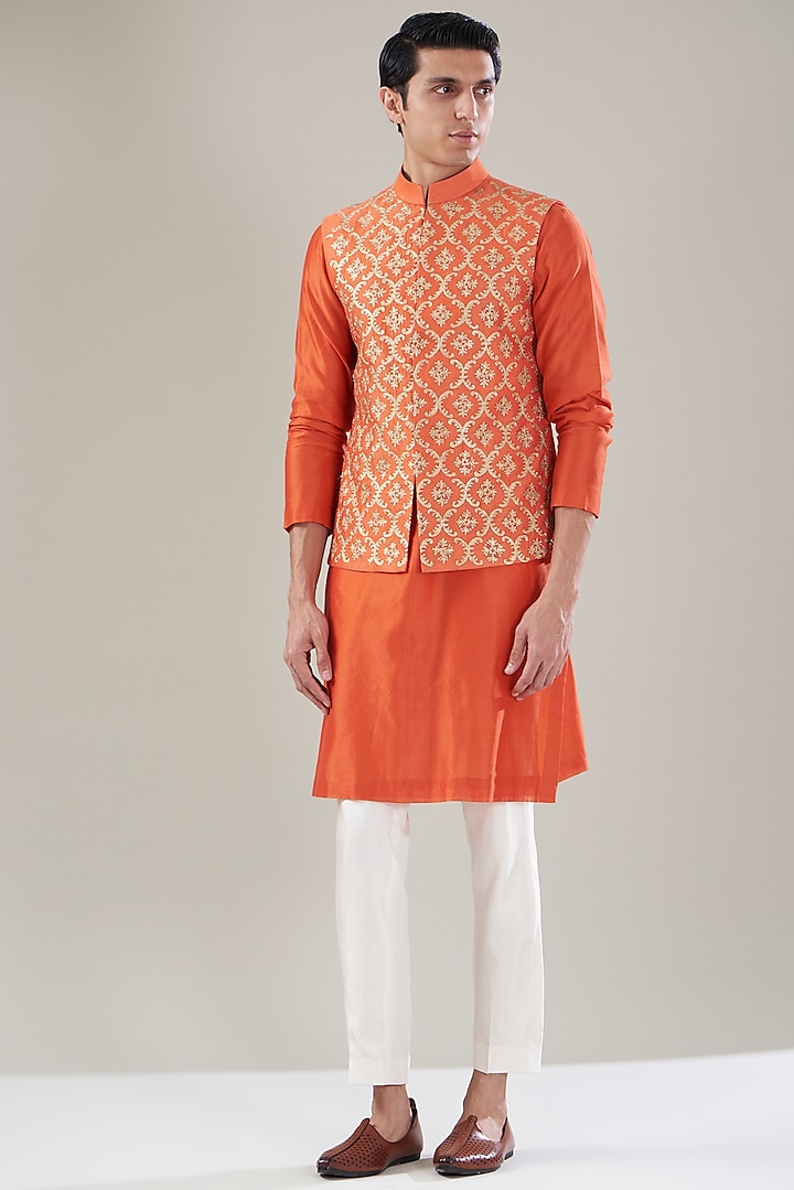 Orange Raw Silk Embroidered Nehru Jacket Set by Aditya Sachdeva Men