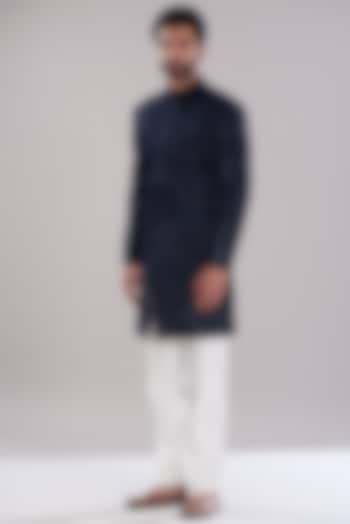 Navy Blue Silk Velvet Machine & Hand Embroidered Sherwani Set by Aditya Sachdeva Men