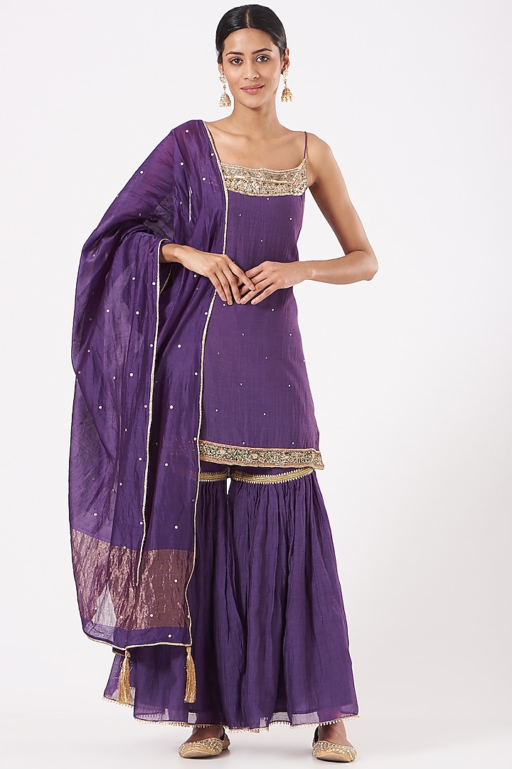 Purple Silk & Handwoven Cotton Gharara Set by Aditya Sikand