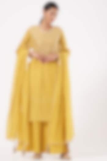 Yellow Embroidered A-Line Kurta Set by Aditya Sikand at Pernia's Pop Up Shop