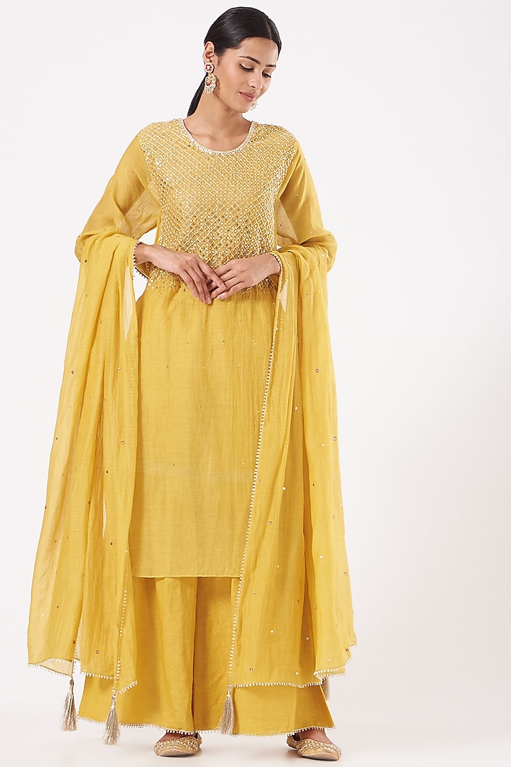 Yellow Embroidered A-Line Kurta Set by Aditya Sikand at Pernia's Pop Up Shop