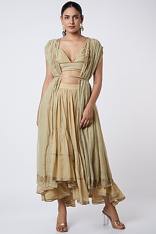 Beige Hand Embroidered Jacket Set by Aditya Sikand