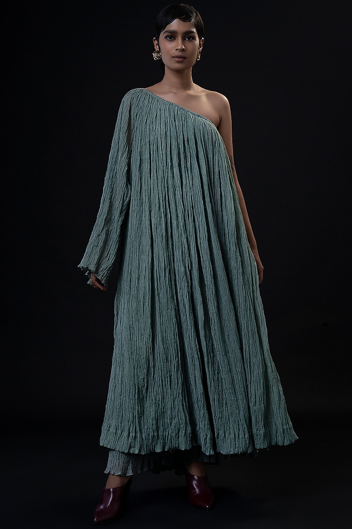 Turquoise Gathered Off Shoulder Kurta Set by Aditya Sikand at Pernia's Pop Up Shop