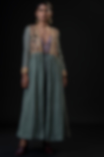 Turquoise Hand Embroidered Jacket Set by Aditya Sikand at Pernia's Pop Up Shop