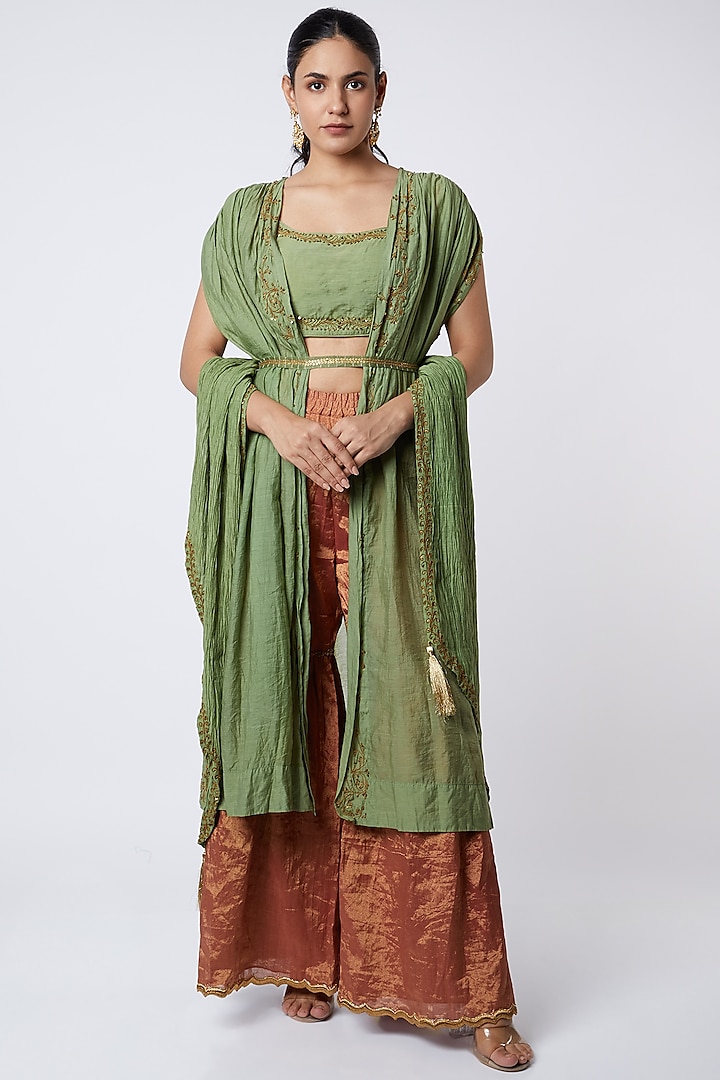 Olive Green Hand Embroidered Jacket Set by Aditya Sikand