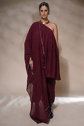 Wine Cotton Silk Kurta Set by Aditya Sikand