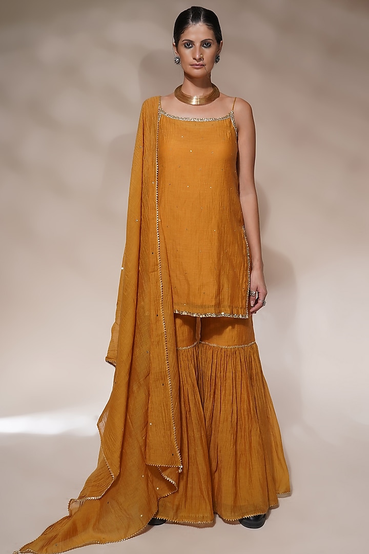 Yellow Ochre Cotton Silk Gharara Set by Aditya Sikand
