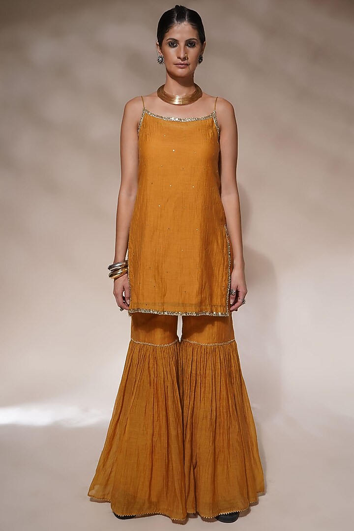 Yellow Ochre Cotton Silk Gharara Set by Aditya Sikand at Pernia's Pop Up Shop