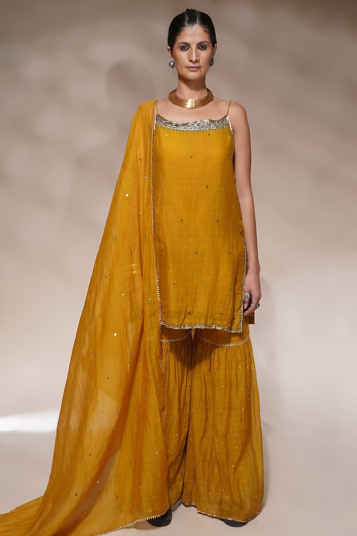 Mustard Yellow Cotton Silk Gharara Set by Aditya Sikand