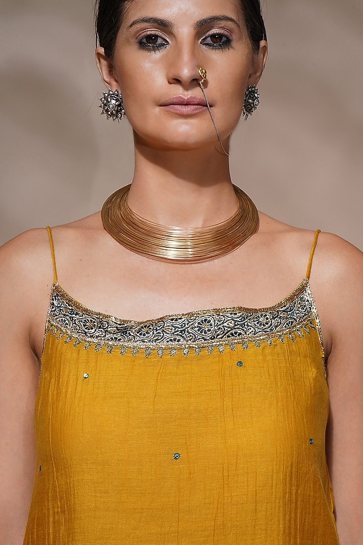 Mustard Yellow Cotton Silk Gharara Set by Aditya Sikand at Pernia's Pop Up Shop