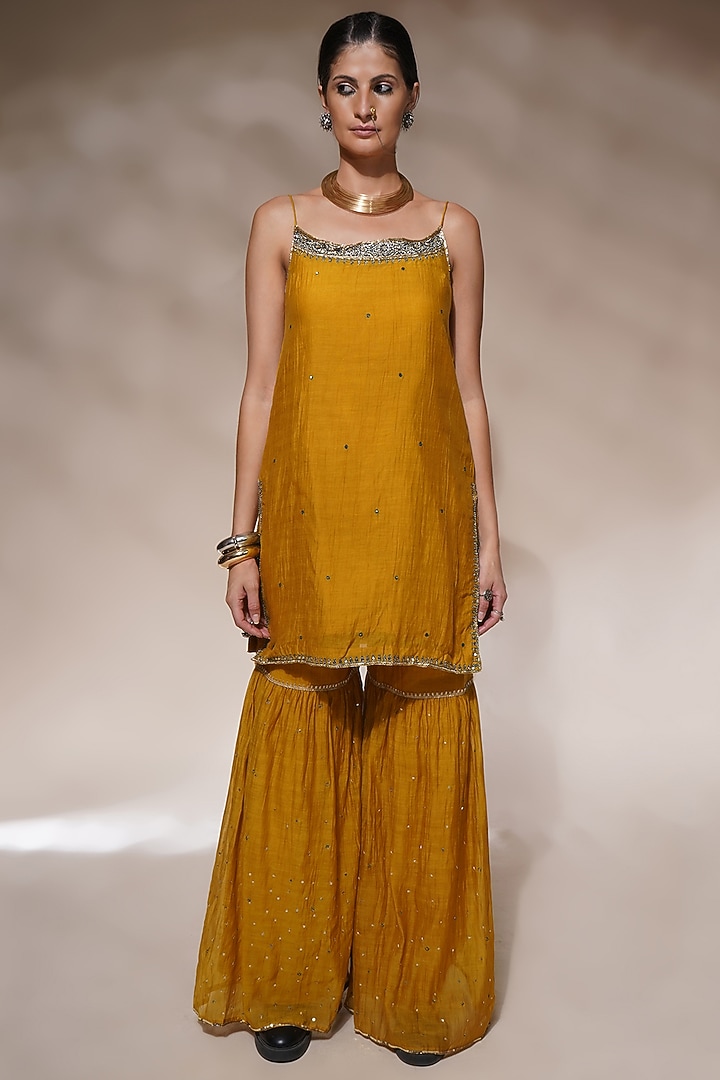 Mustard Yellow Cotton Silk Gharara Set by Aditya Sikand at Pernia's Pop Up Shop