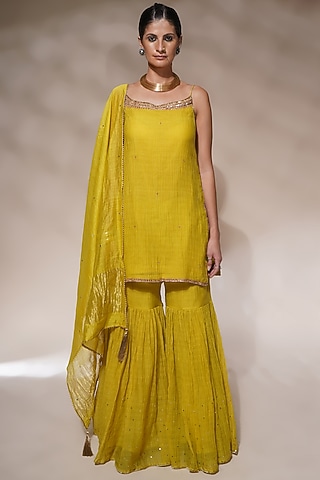 Acid Yellow Cotton Silk Gharara Set by Aditya Sikand