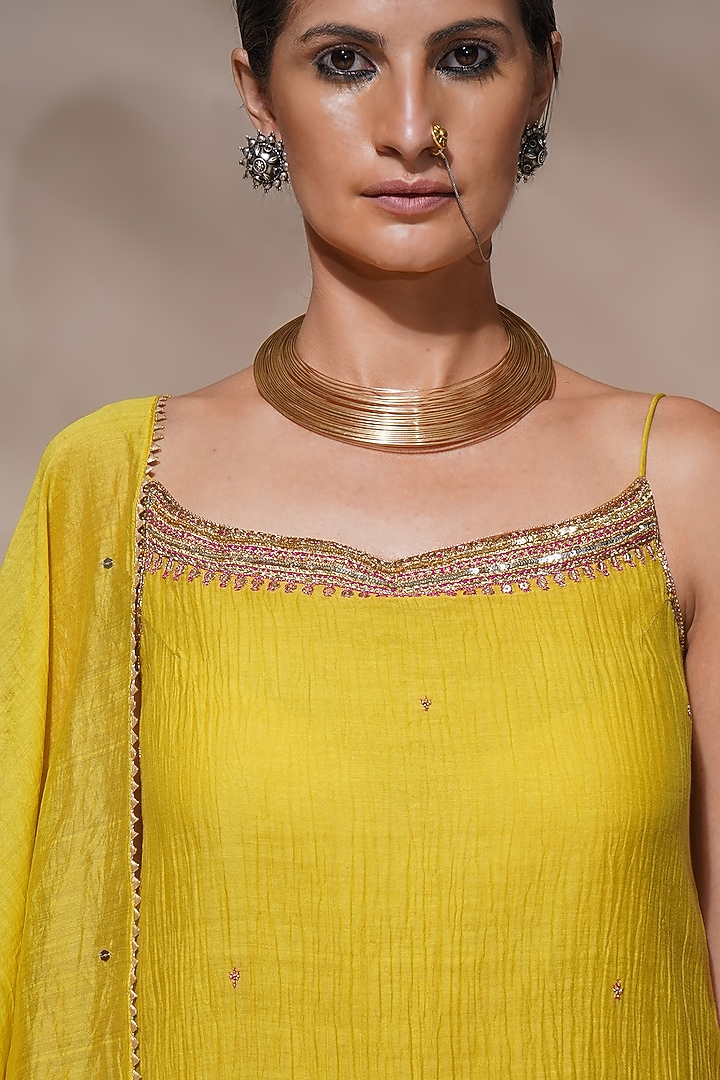 Acid Yellow Cotton Silk Gharara Set by Aditya Sikand at Pernia's Pop Up Shop