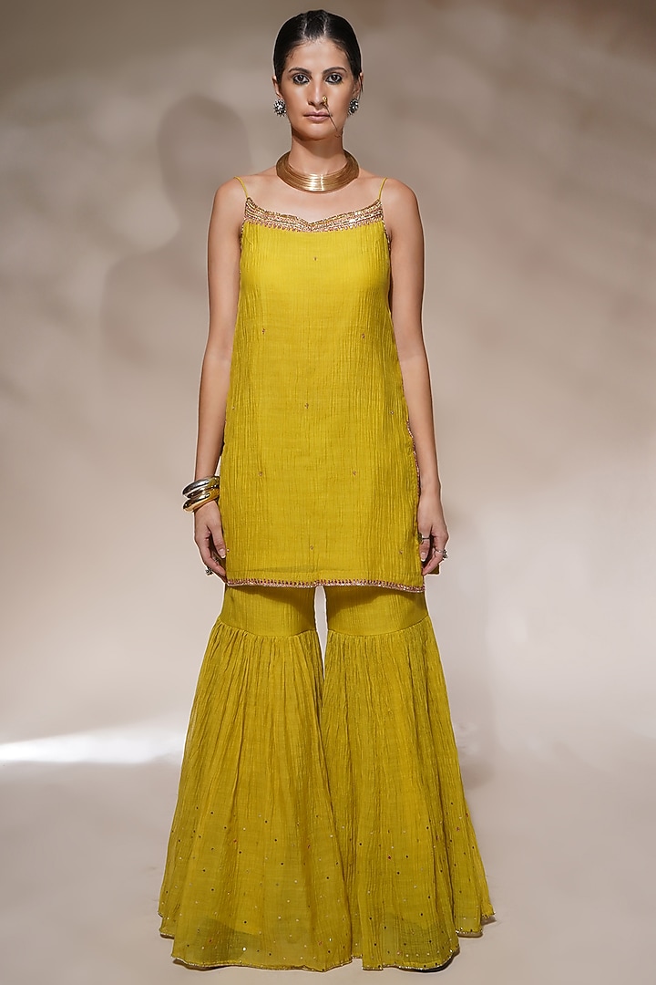 Acid Yellow Cotton Silk Gharara Set by Aditya Sikand at Pernia's Pop Up Shop