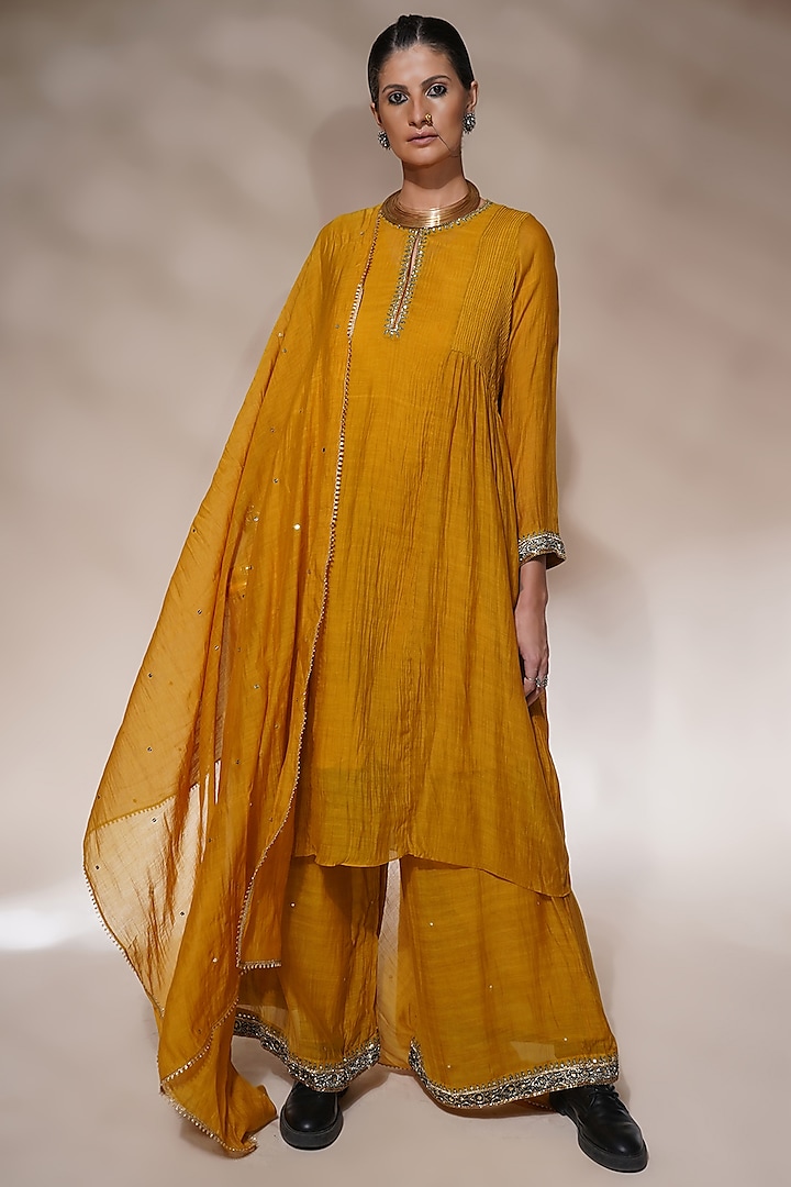 Mustard Yellow Cotton Silk Embroidered Kurta Set by Aditya Sikand