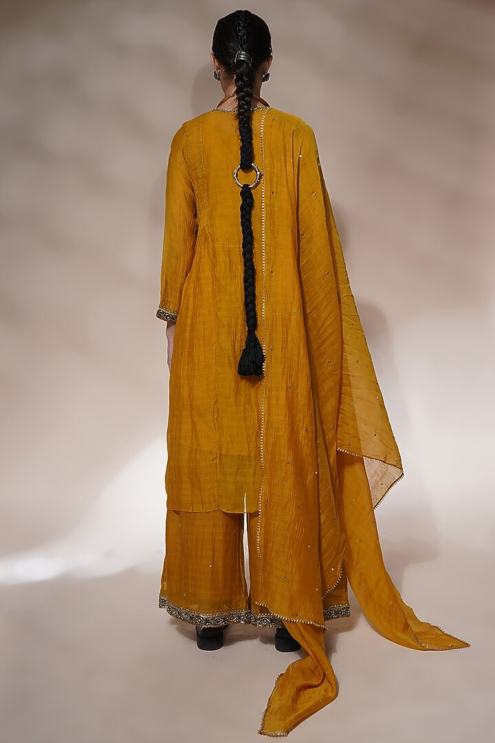 Mustard Yellow Cotton Silk Embroidered Kurta Set by Aditya Sikand at Pernia's Pop Up Shop